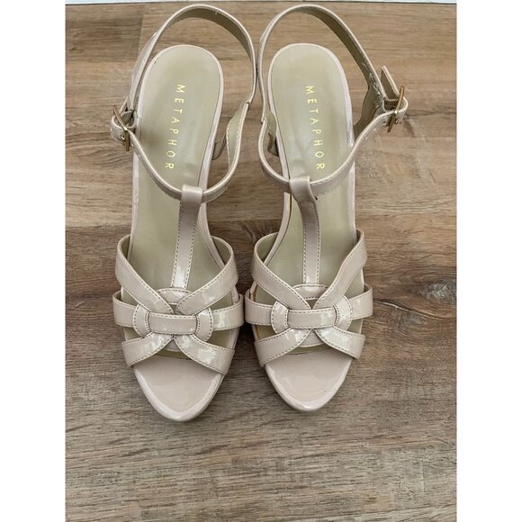 EUC Metaphor Womens Nude Patent Faux Leather High Heel Platform Sandals With Ank - Picture 6 of 9